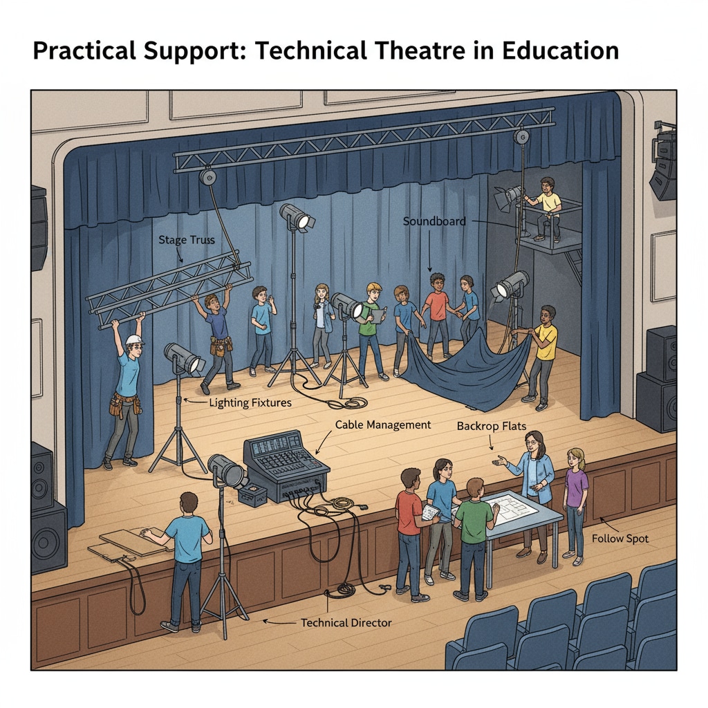 School district technical team and students working together on performing arts setup for arts education support