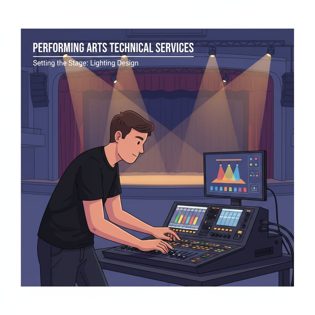 Technical team member providing performing arts technical service by adjusting lighting