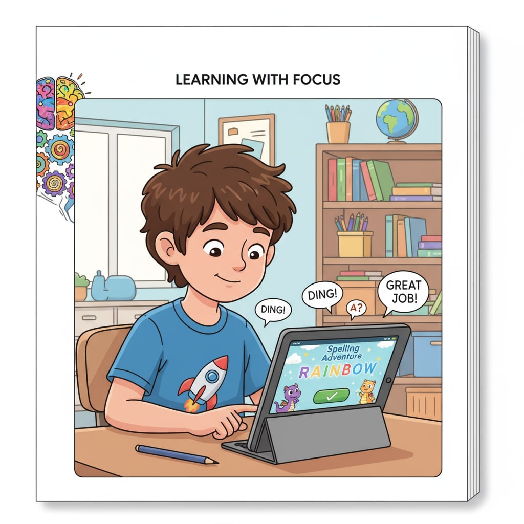A child with ADHD is using an educational app on a tablet to practice spelling. The app has colorful graphics and interactive elements to keep the child engaged. A child with ADHD practicing spelling using an educational app