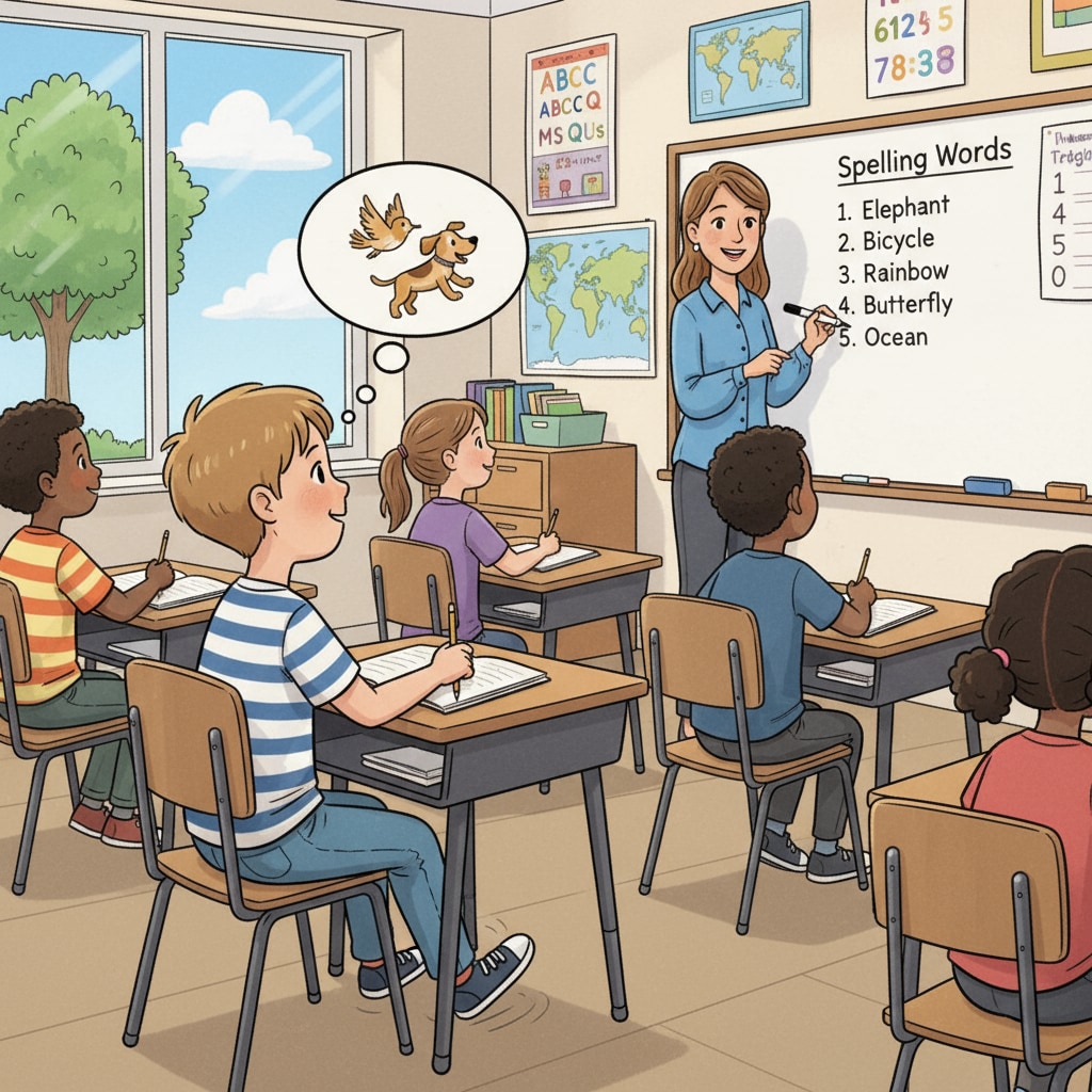 In a classroom, a teacher is writing spelling words on the board. An ADHD child in the front row is looking out of the window, showing signs of distraction. A classroom scene showing an ADHD child being distracted during a spelling lesson