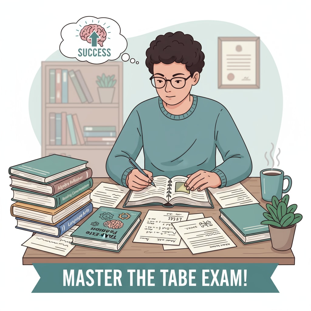 A person is sitting at a table with books and notes, concentrating on studying for the TABE exam. A person studying for the TABE exam which is related to firefighter EMT training