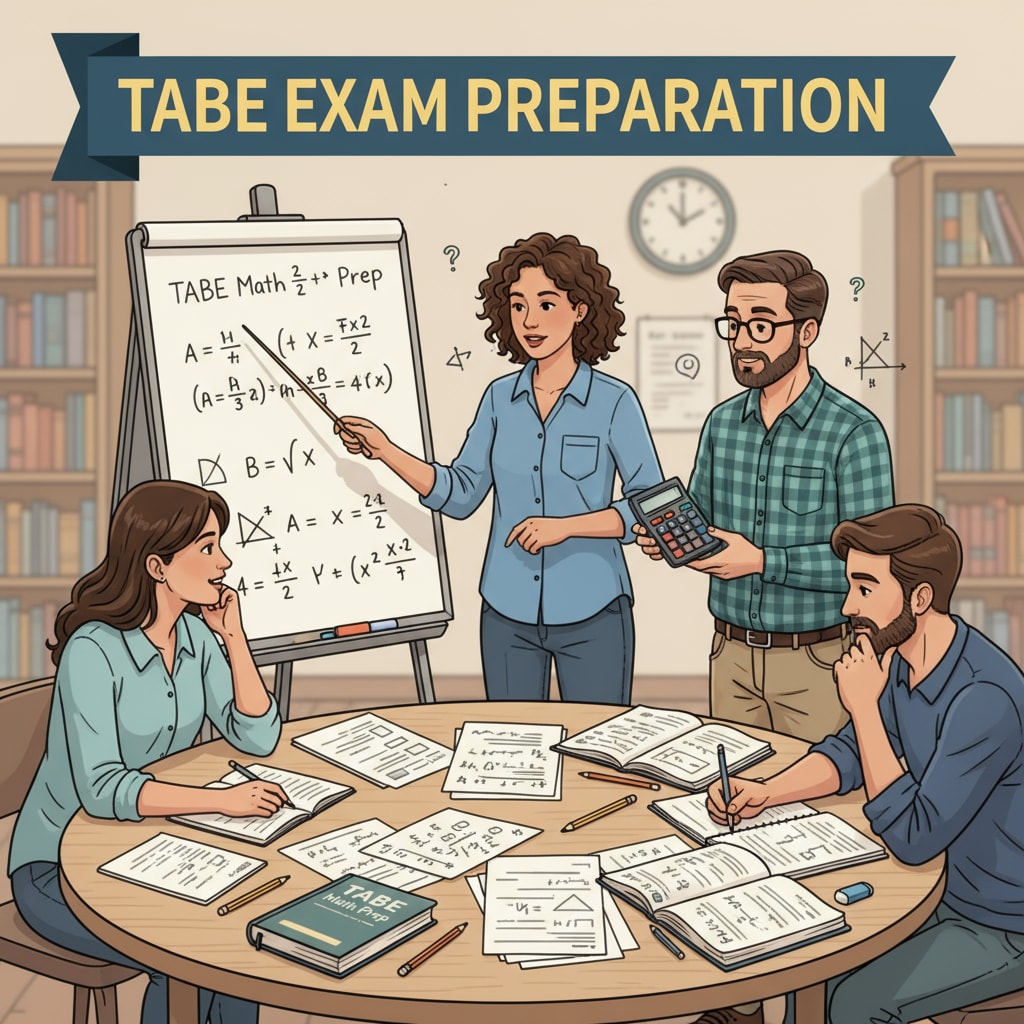A group of individuals are gathered around a table, engaged in a discussion about math problems while preparing for the TABE exam. A study group preparing for the TABE exam relevant to firefighter EMT training