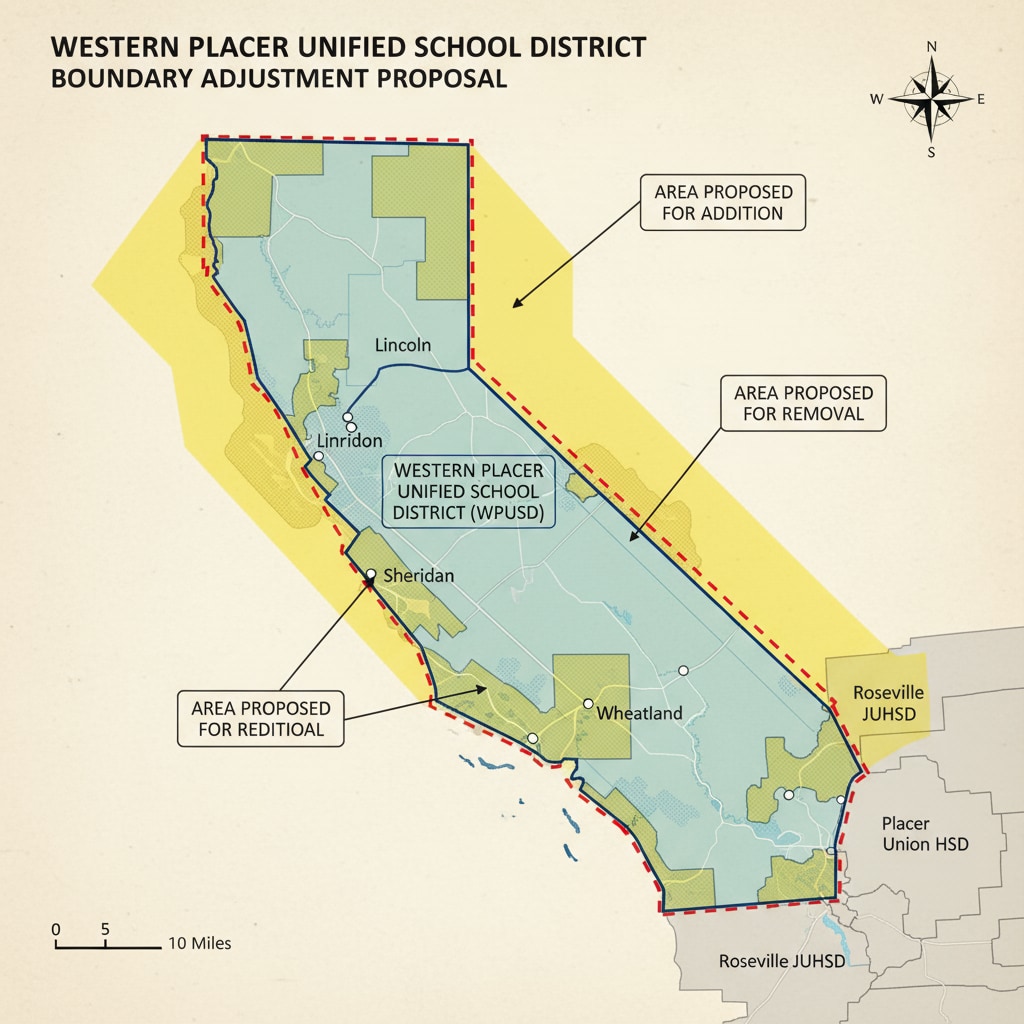 A map that visually displays the current boundaries of WPUSD and the proposed new boundaries, highlighting the areas of change. Map of WPUSD boundary redrawing proposal