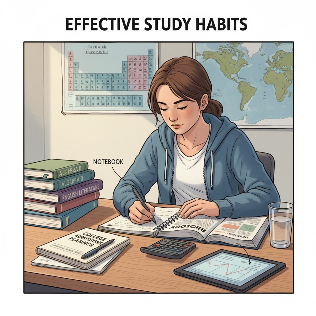 A high school student is sitting at a desk, surrounded by books and a planner, concentrating on studying. A high school student managing time for college entrance exam preparation.