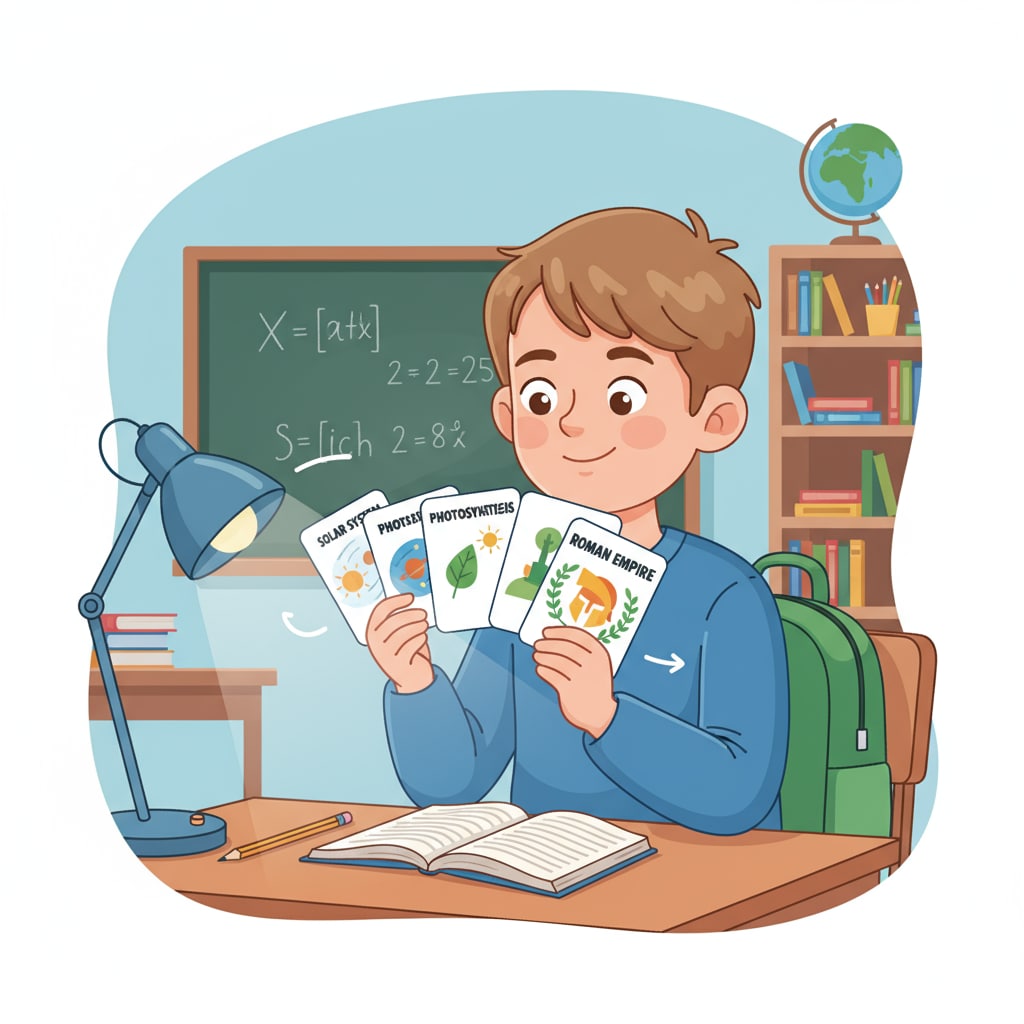 A student is holding a set of flashcards, using them to study for an exam. A student using effective learning methods for college entrance exam prep.