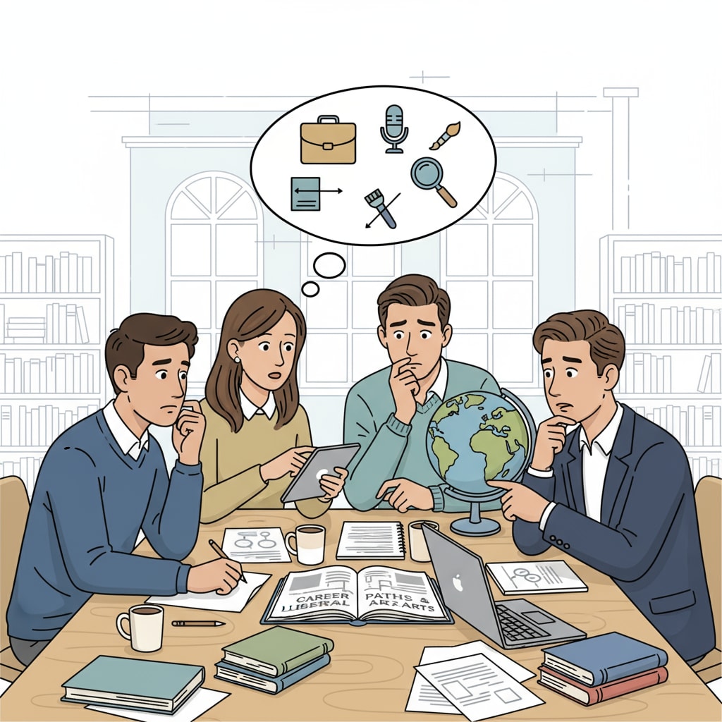 A group of liberal arts graduates are sitting around a table, having a serious discussion about their career choices. Liberal arts graduates discussing employment dilemmas and career transitions