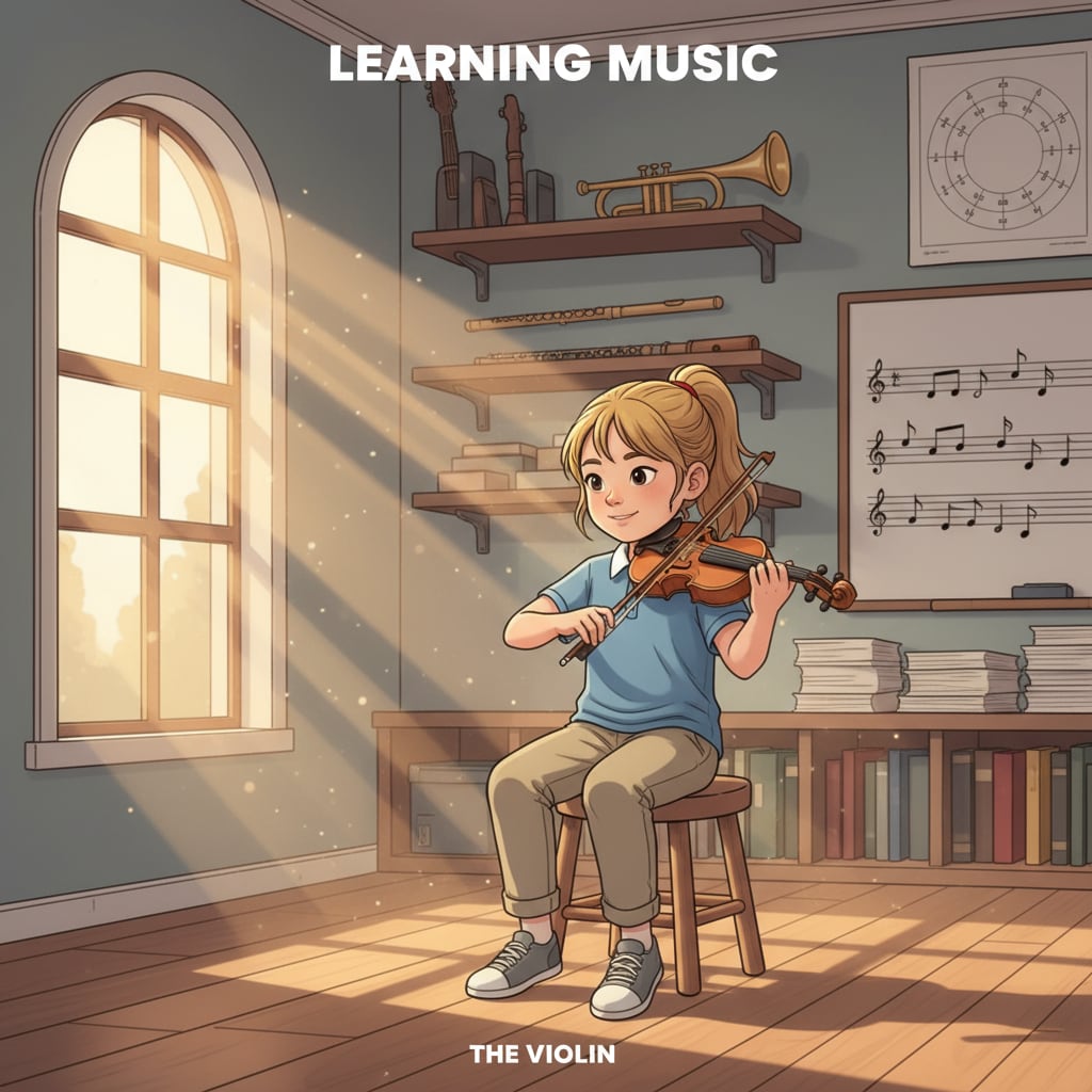A student is playing the violin in a school music room, with sunlight streaming through the window. A student playing the violin, highlighting the connection between violin sounds and human cries.