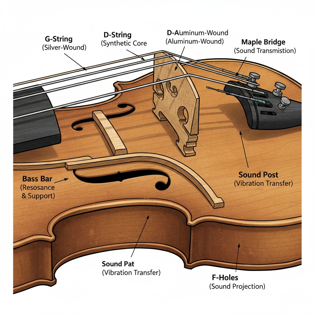 A close-up of a violin's strings, showing the details of the instrument that contribute to its unique sound. Close-up of violin strings, emphasizing the acoustic elements related to the similarity with human cries.