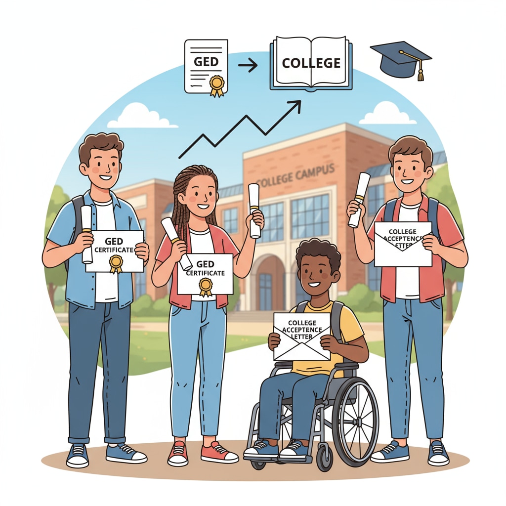 A group of students are holding their GED certificates and smiling, with college acceptance letters in their hands, symbolizing their successful journey from GED to college acceptance. GED holders celebrating college acceptance