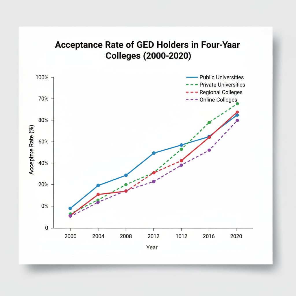 A line graph depicting the upward trend of the acceptance rate of GED holders in four-year colleges over a period of several years, showing the changing landscape of college admissions for GED holders. Graph showing the increasing acceptance rate of GED holders in four-year colleges