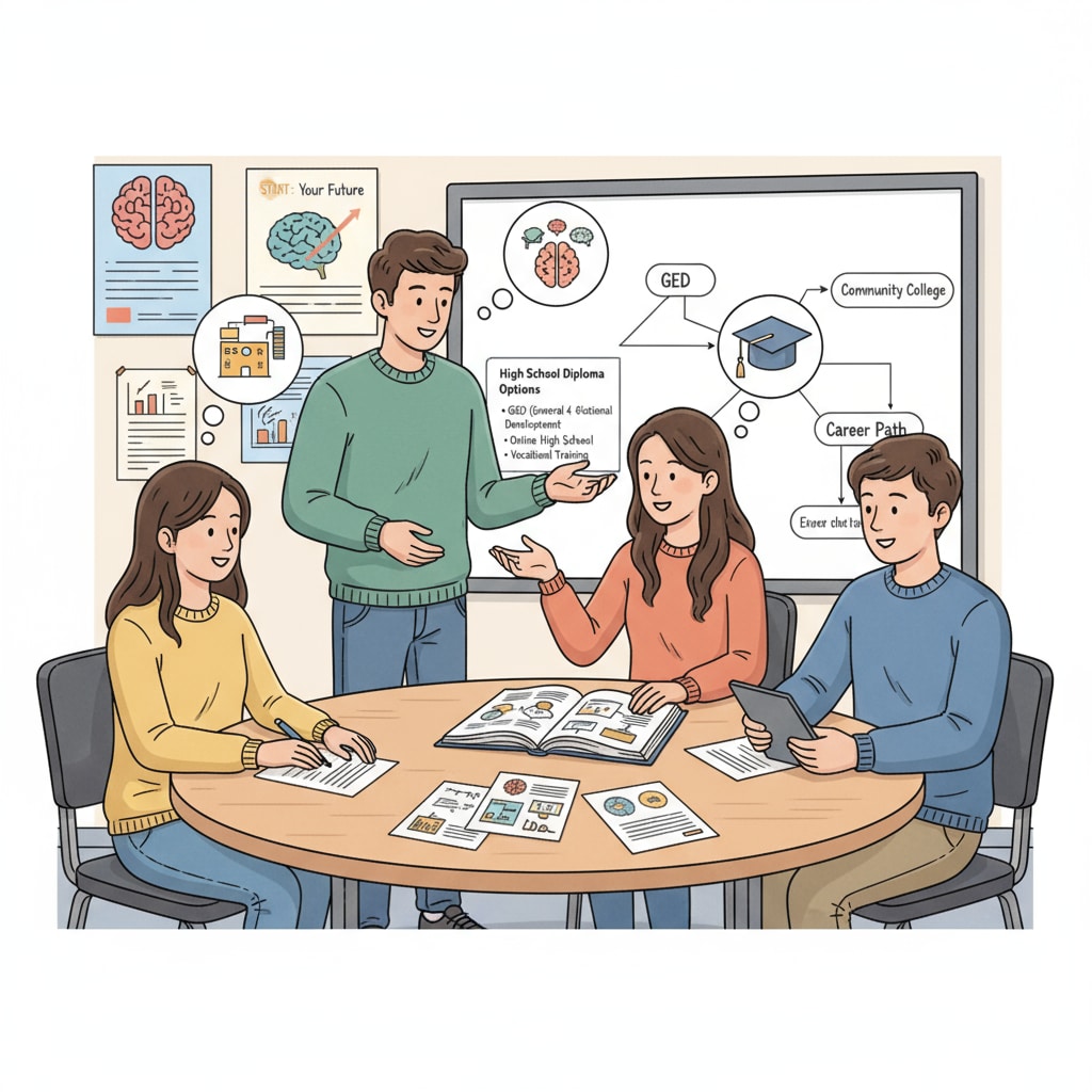 A group of students sitting around a table, discussing the different options available for obtaining a high school diploma, including GED and various educational paths. Students discussing high school diploma, GED, and education choices