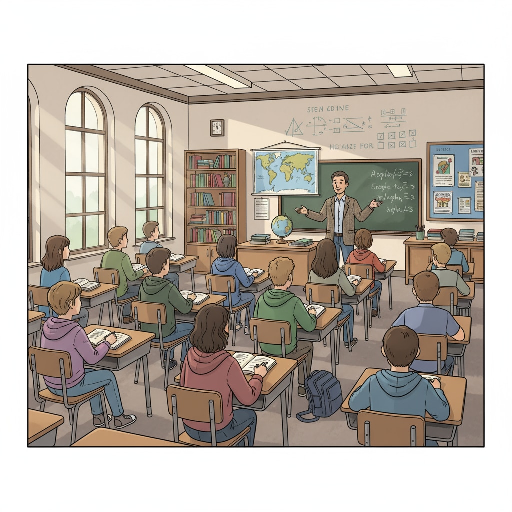 A typical classroom in a traditional public high school with students sitting at desks, listening to the teacher. Classroom in a traditional public high school related to high school diploma, GED, and education choices