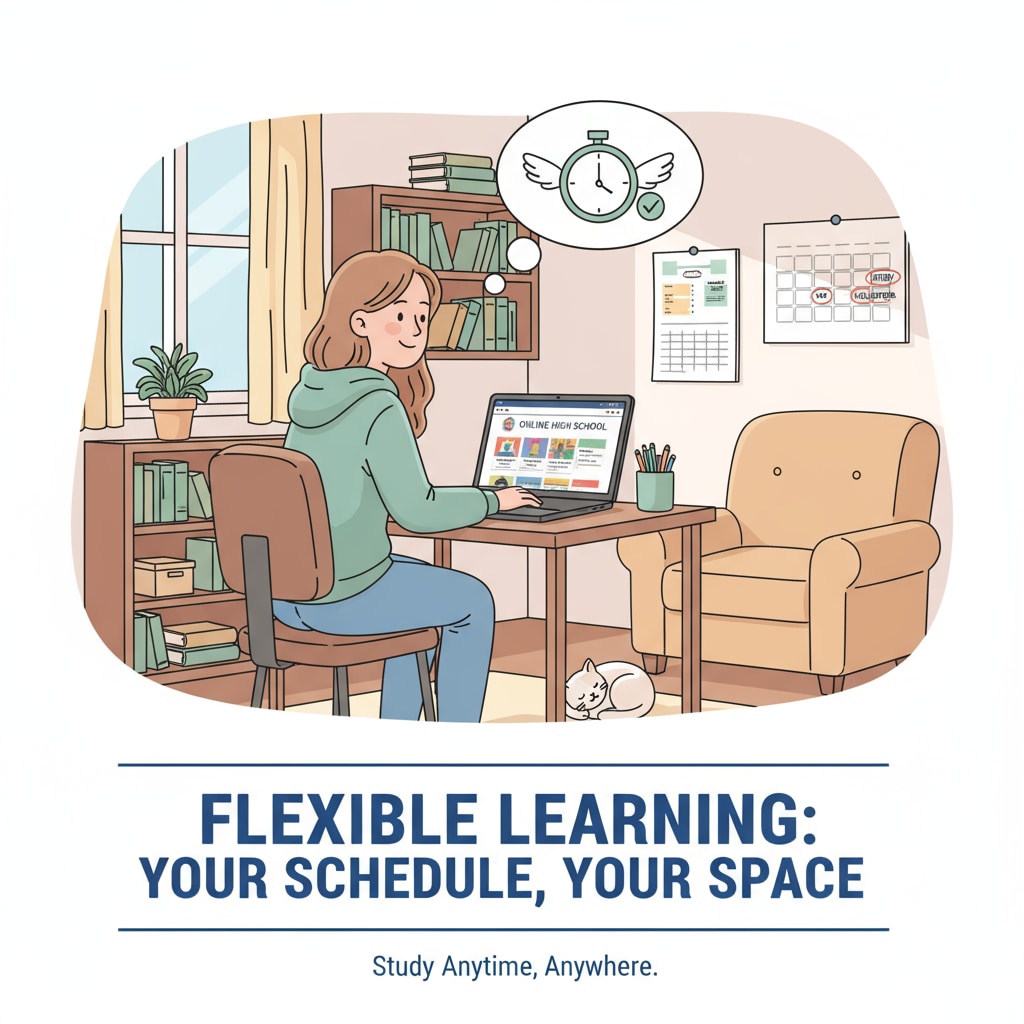 A student sitting at a desk at home, using a computer to study for an online high school course, highlighting the flexibility of this education option. Student studying for an online high school course in relation to high school diploma, GED, and education choices