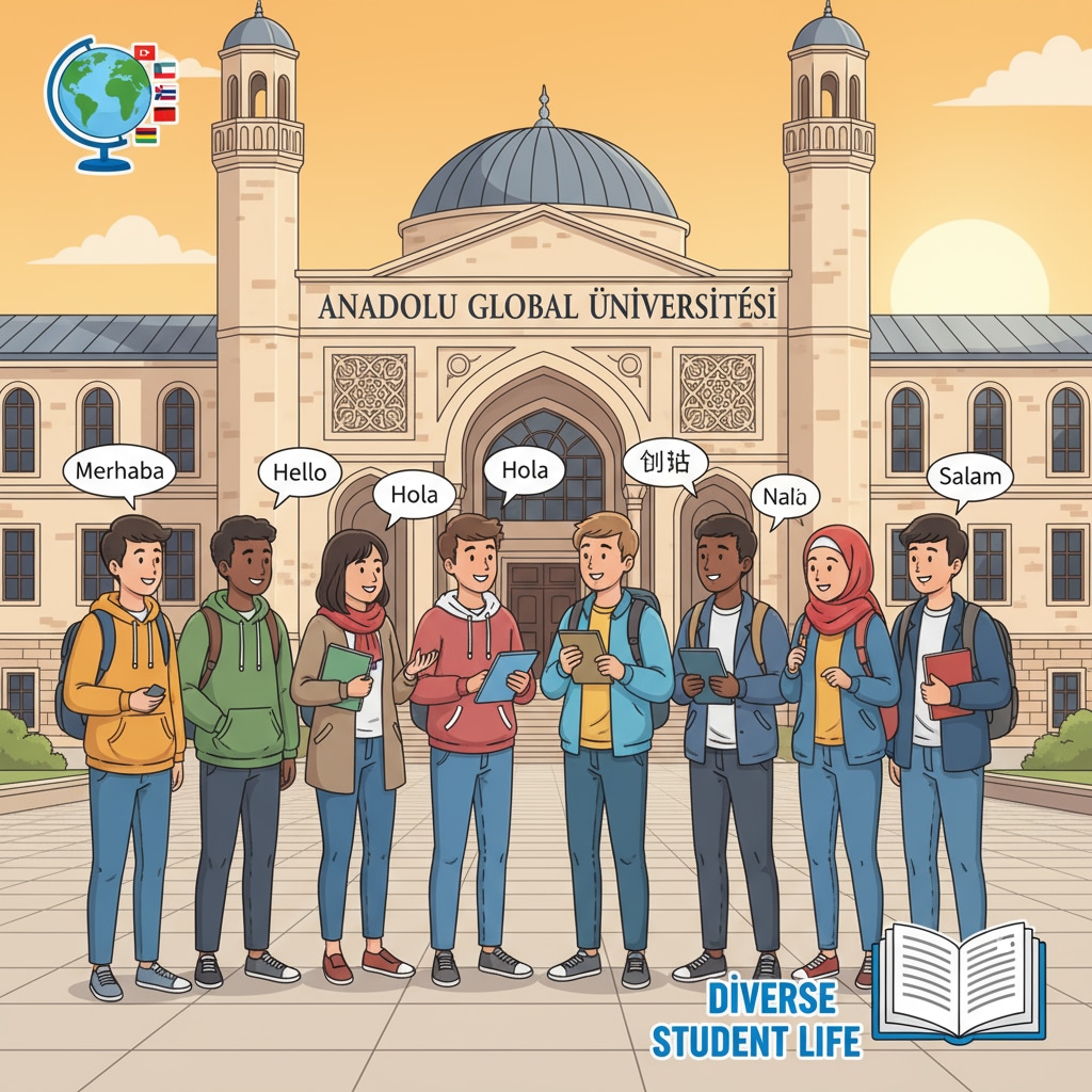 A group of international students chatting in front of a Turkish university building, showing the diverse student community in Turkish universities. International students in front of a Turkish university building for Turkish study abroad, English - taught programs