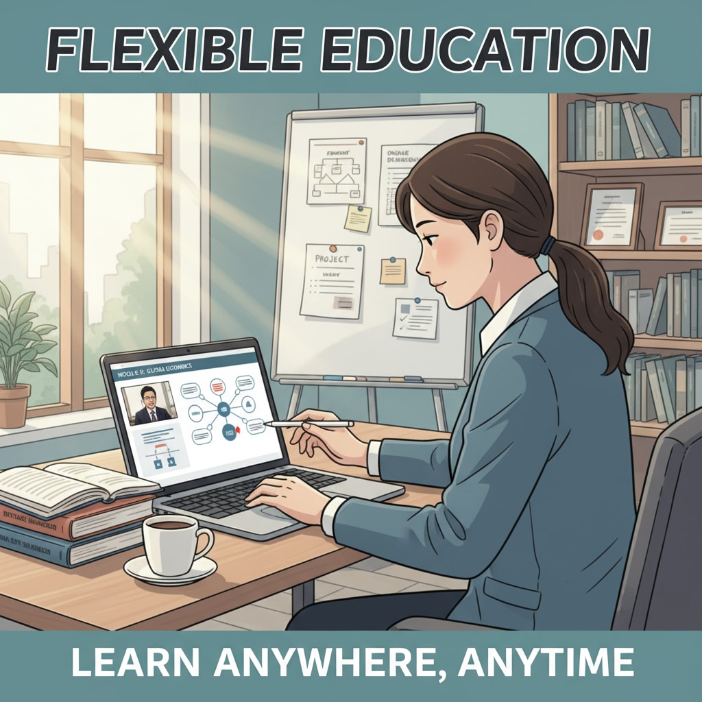 A person is concentrating on studying on a laptop in a home office, highlighting the flexibility of distance education for working individuals. An individual utilizing distance education for学历提升and职业发展