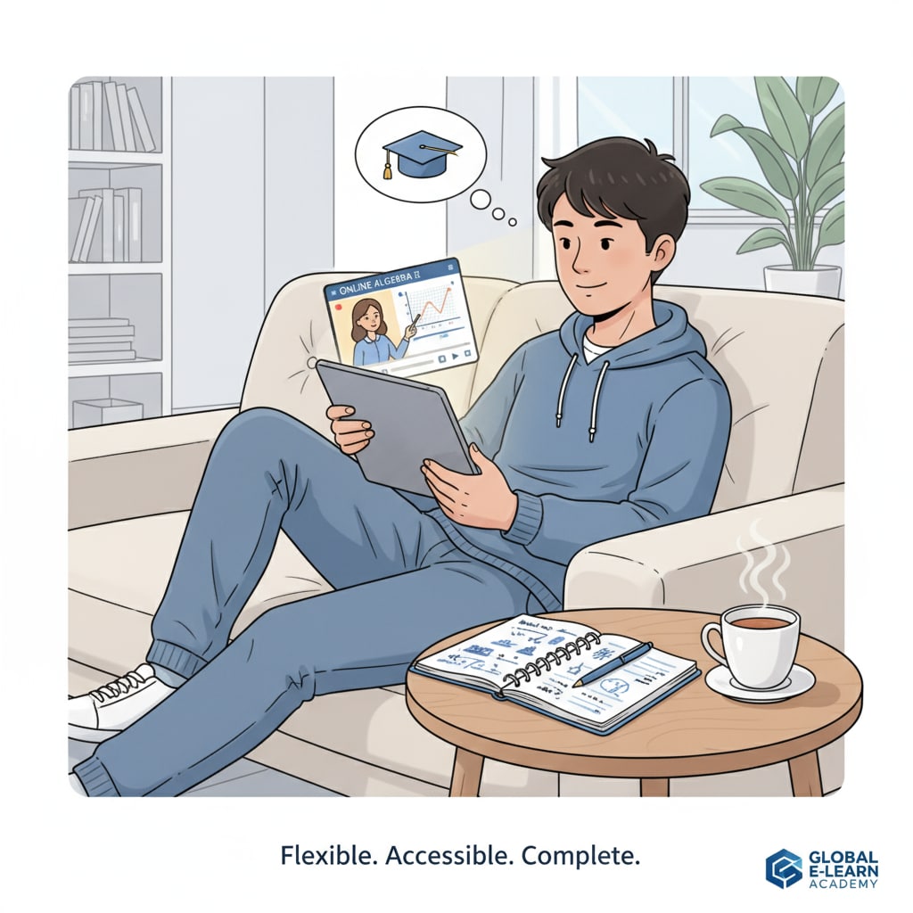 A person using online learning to complete interrupted high school education