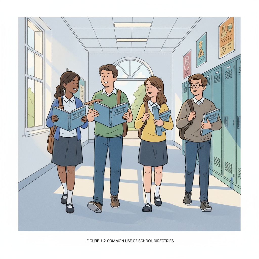 A group of students walking in the school corridor with school directories in their hands, representing the common use of school directories in a school setting. Students with school directories highlighting school directories, family privacy, and parental divorce