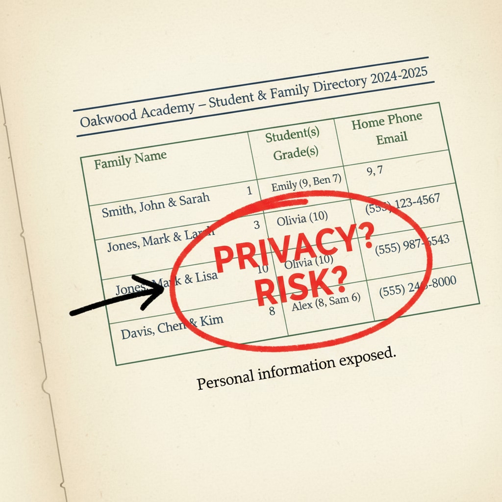 A close-up of a school directory page showing family contact information, emphasizing the potential privacy risks within school directories. Close-up of school directory page related to school directories, family privacy, and parental divorce