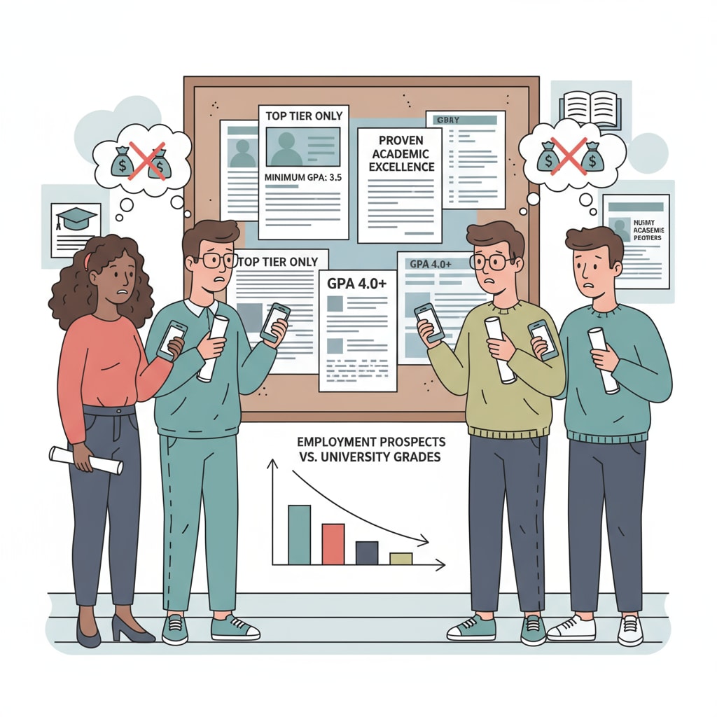 A group of fresh graduates looking at job advertisements with worried expressions, indicating their concerns about employment after graduation related to their university grades. Fresh graduates worried about employment after graduation due to university grades