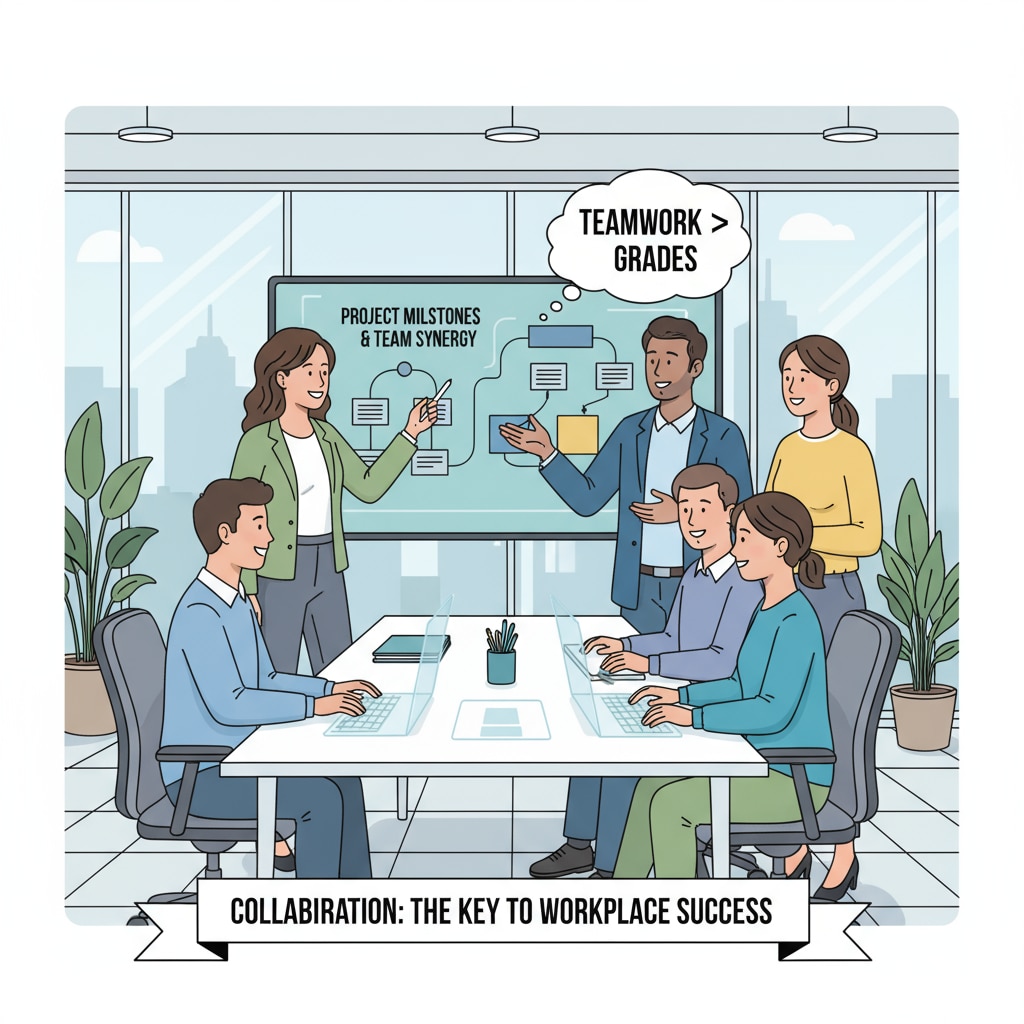 A modern office setting with employees collaborating on a project, showing the importance of teamwork in the workplace, which is often more valued than university grades by employers. Employees collaborating on a project in the workplace highlighting skills over university grades