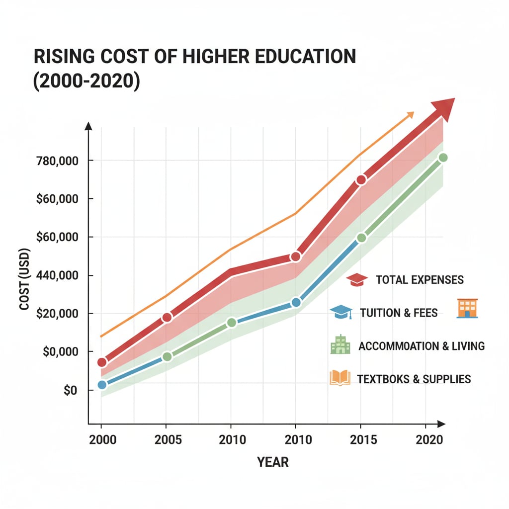 A graph depicting the upward trend of the cost of higher education over a period of several years, with different components such as tuition, accommodation, and textbooks clearly marked. Graph showing the increasing cost of higher education related to higher education, investment回报率, vocational and technical education, employment前景