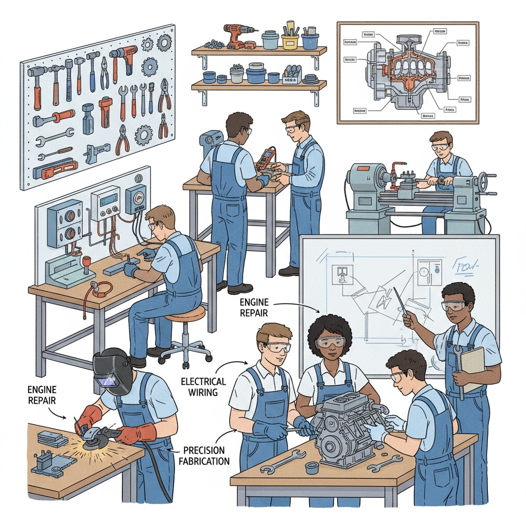 A scene in a vocational training workshop where students are actively engaged in learning practical skills. There are various tools and equipment related to the vocational field on display. Students in a vocational training workshop relevant to higher education, investment回报率, vocational and technical education, employment前景
