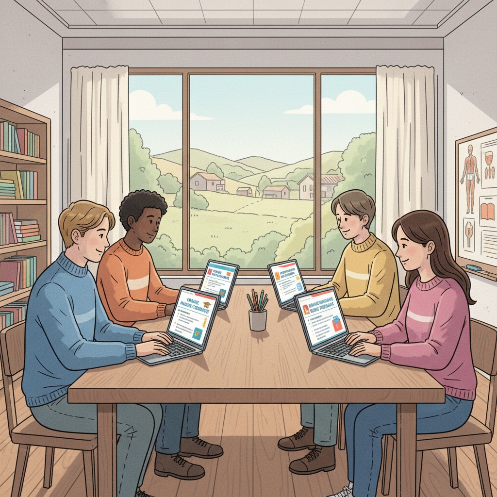 A group of rural students are sitting around a table, looking at laptops. The screens display information about various online nursing degree programs, including course details and admission requirements. Rural students exploring online nursing degree programs without SAT/ACT requirements