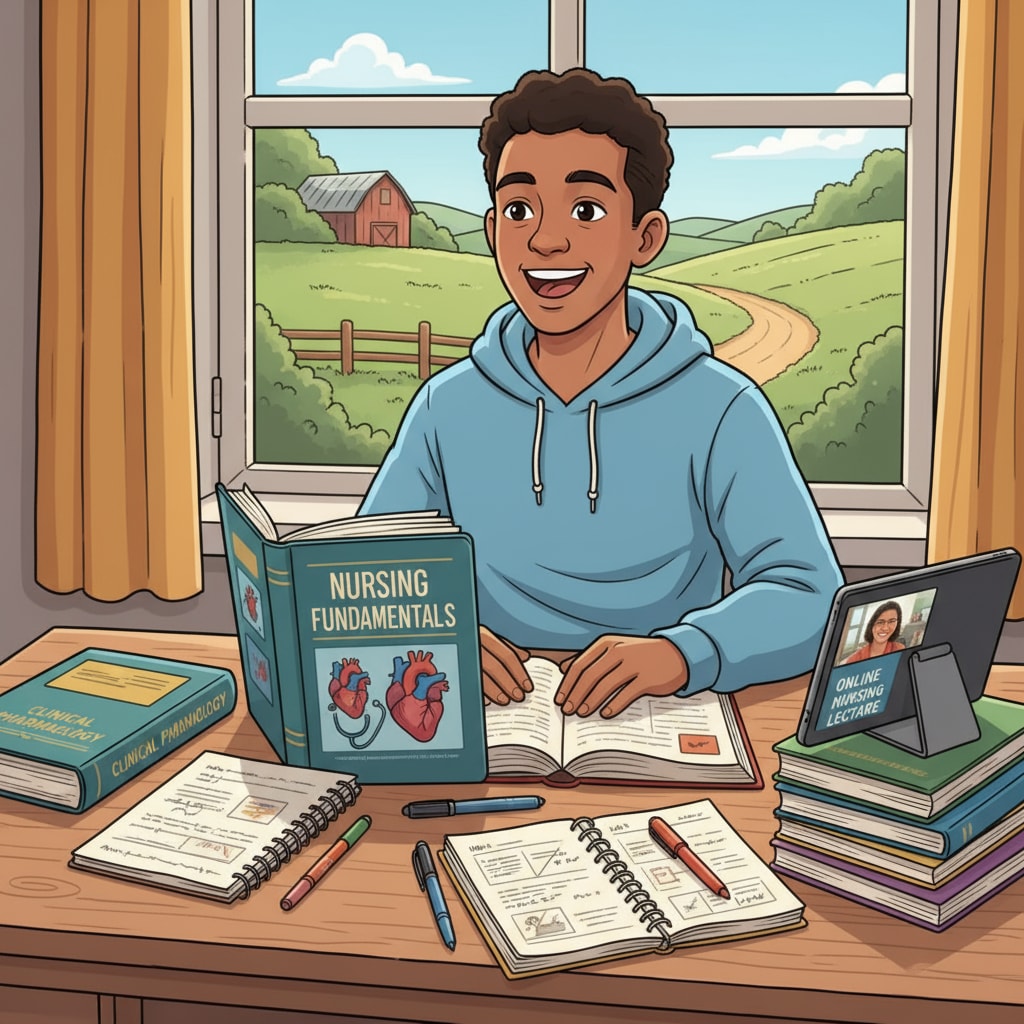 A rural student is sitting at a desk, smiling while reading nursing textbooks. There are notebooks and pens beside the textbooks, indicating their dedication to studying for the online nursing program. Rural student studying for an online nursing program with no SAT/ACT requirement