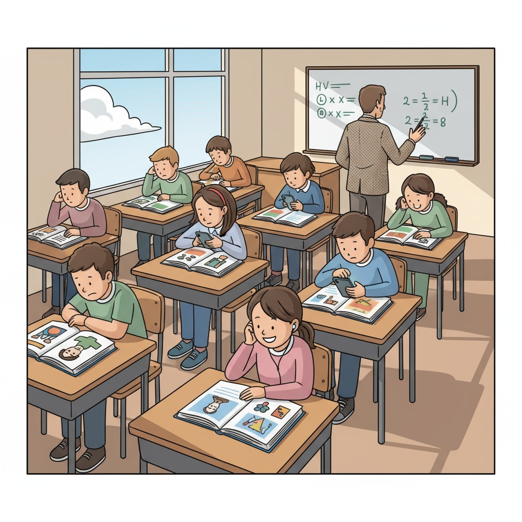 A classroom scene where students seem disengaged from reading materials. Some students are looking out of the window, while others are distracted by their mobile devices, with open books on their desks but not being read. K12 students showing disinterest in reading materials, related to literacy decline in education and its impact on democracy