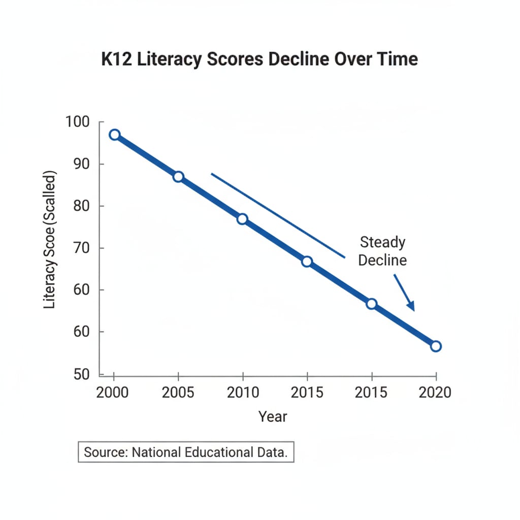A graph showing the downward trend of K12 literacy scores over the years. The x - axis represents the years, and the y - axis represents the literacy scores. The line on the graph is steadily going down, indicating a continuous decline. Graph depicting the decline of K12 literacy scores, highlighting the issue in education relevant to democracy