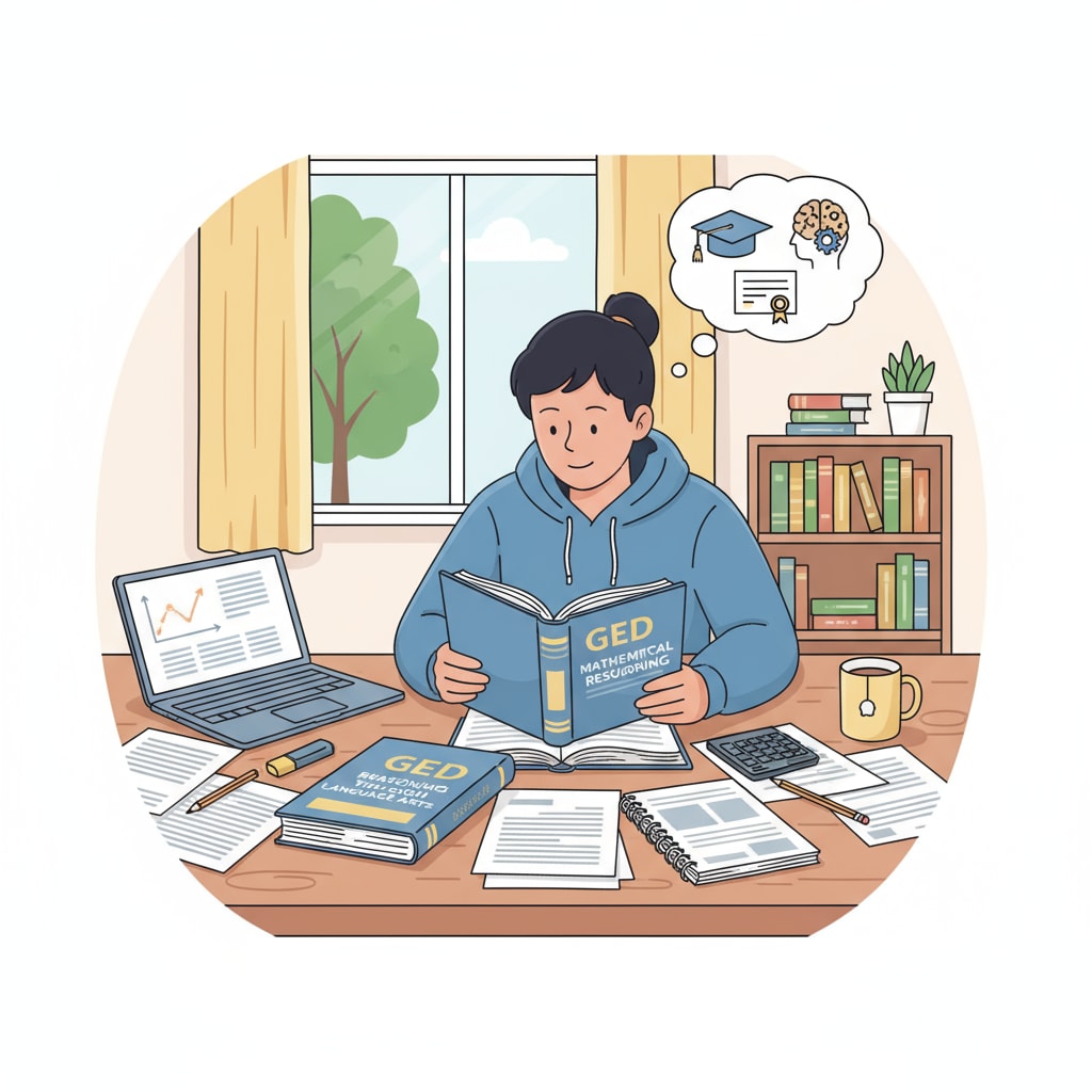 A student is sitting at a desk, concentrating on books and materials for the GED exam in a peaceful room. A student studying for GED exam to improve employment prospects despite depression
