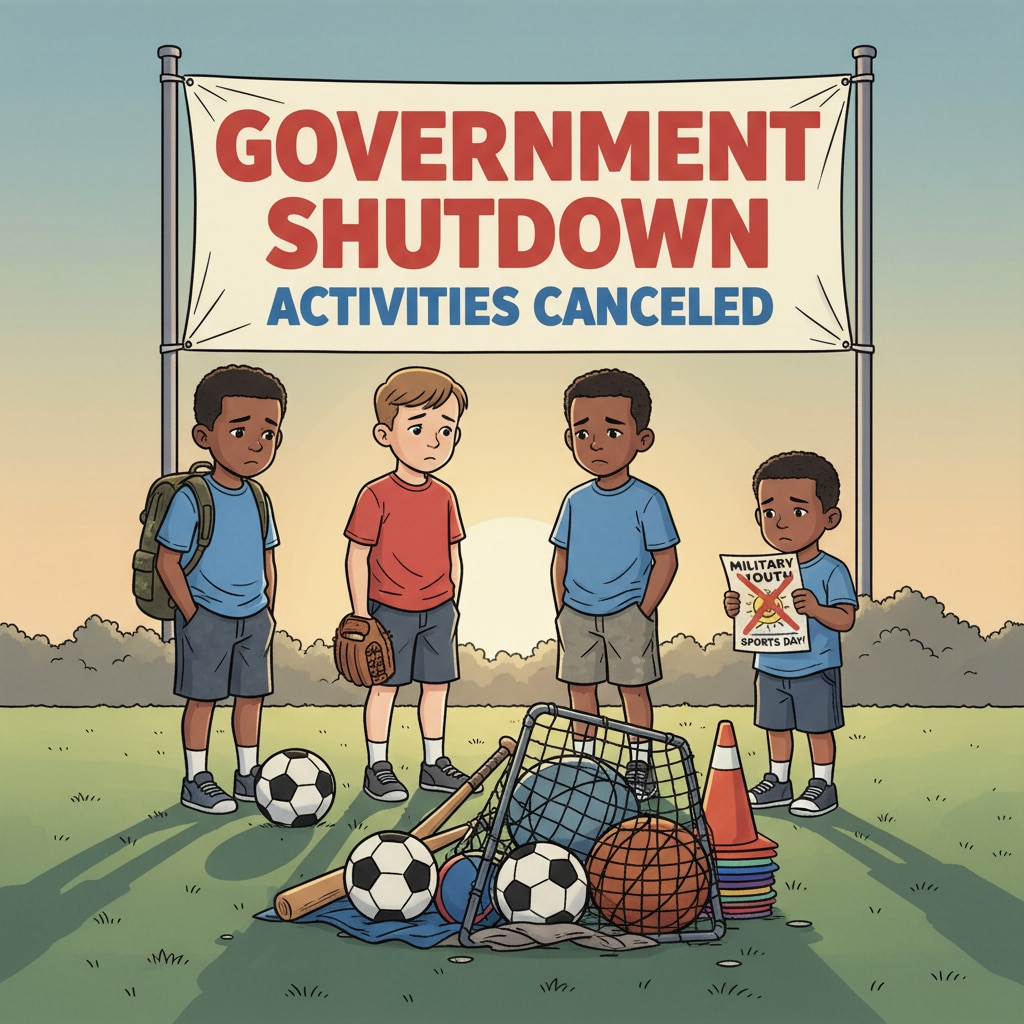 A group of military children looking disappointed as they stand near sports equipment that is not in use due to the government shutdown Military children disappointed about the suspension of DODEA activities due to government shutdown