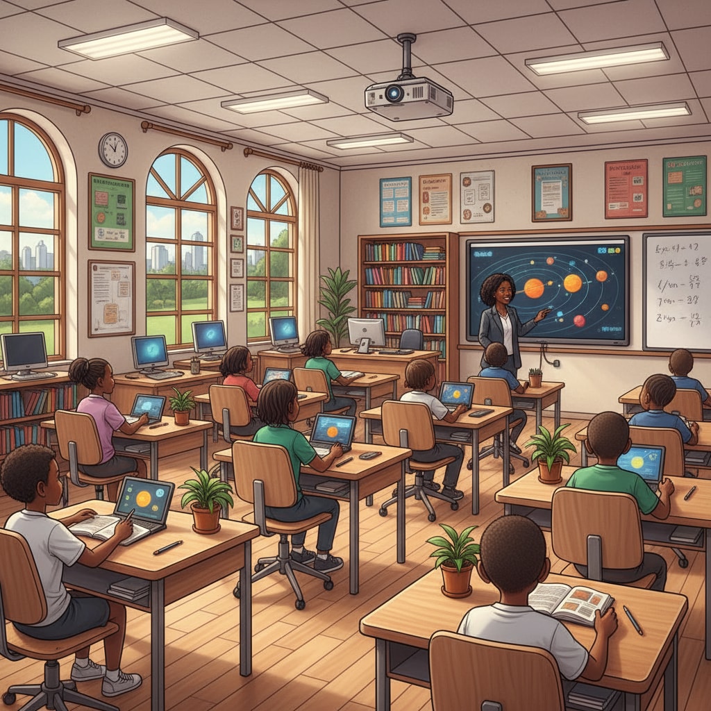 A classroom in a wealthy area of South Africa with modern facilities like computers, projectors, and well-furnished desks. Well-equipped classroom in a wealthy area highlighting educational inequality in South Africa