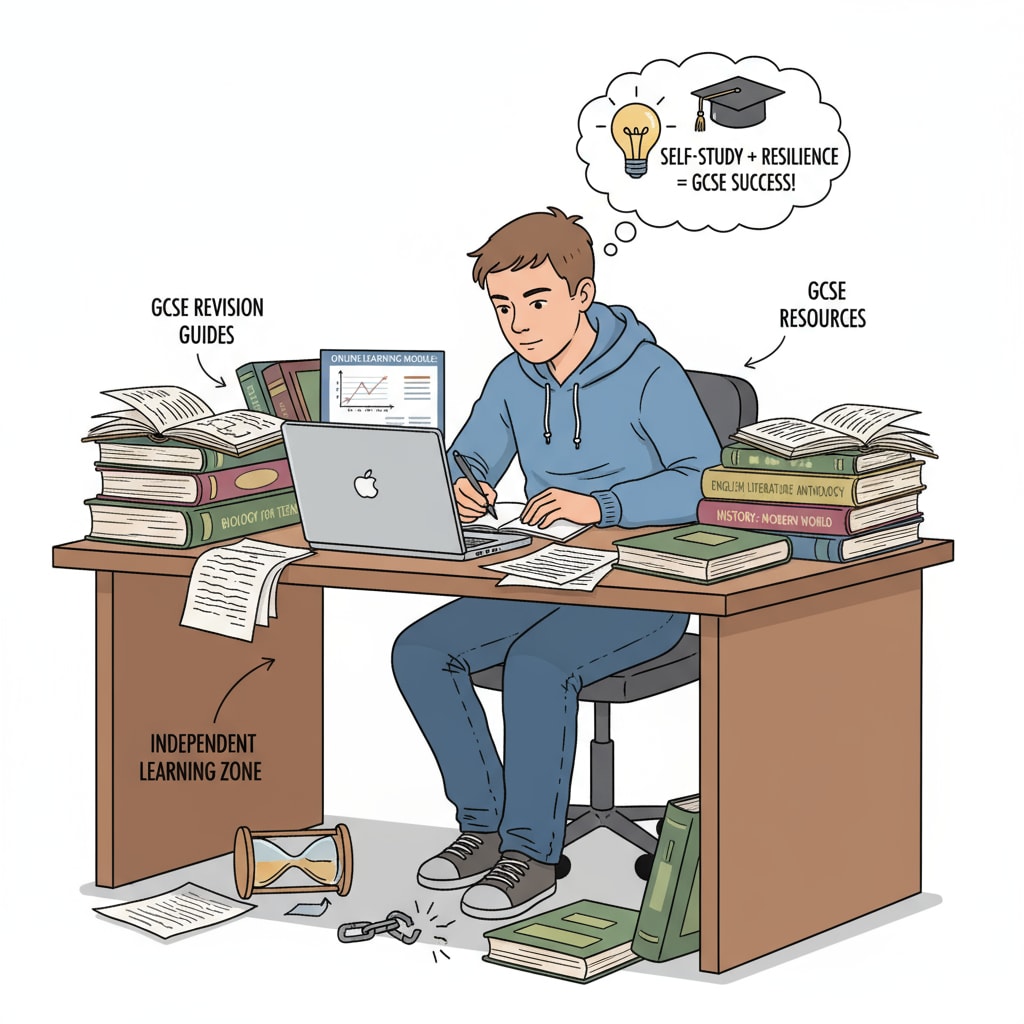 A student studying independently with self-study resources for GCSE after educational neglect