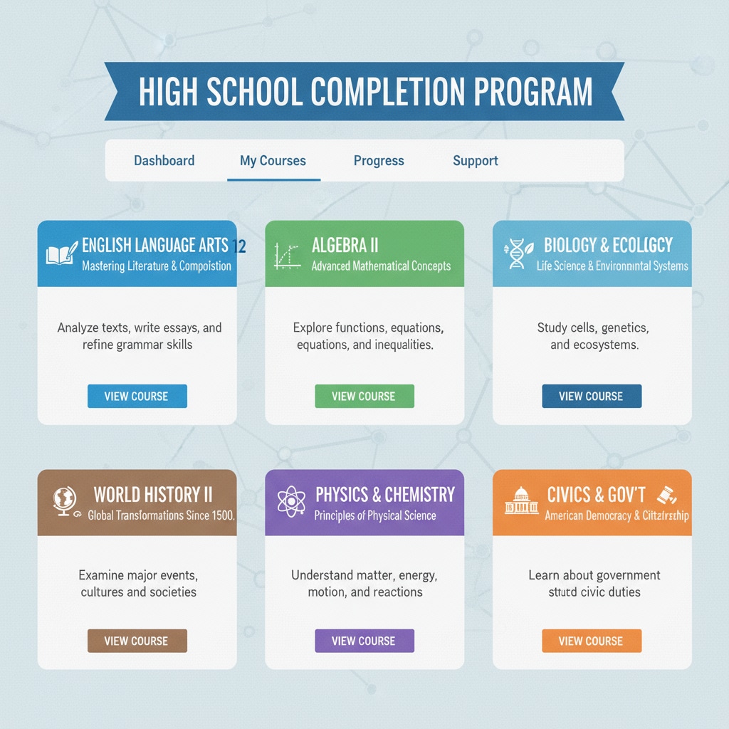 The interface of an online learning platform shows various courses for high school completion, with course names and descriptions clearly visible. Online learning platform for high school dropouts to complete their education