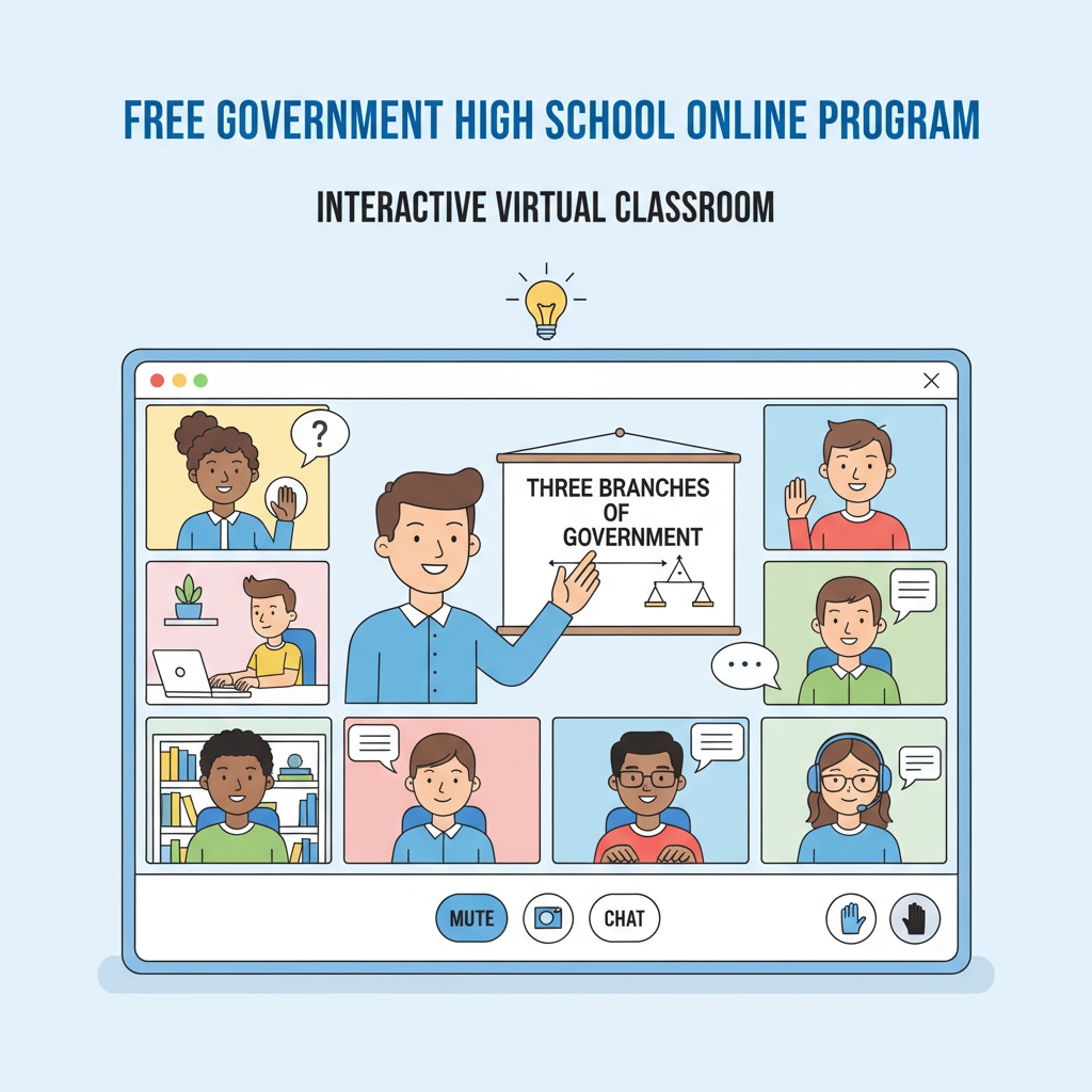 Students are participating in an online class provided by a free government high school program. They are interacting with the instructor and each other through video conferencing. Students in a free government online high school class