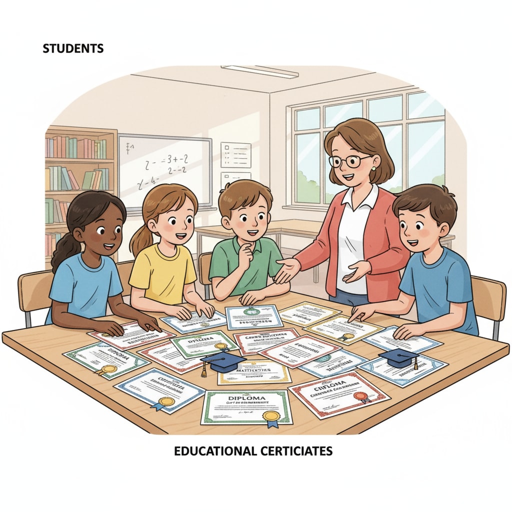 A group of students are gathered around a table, looking curiously at a collection of education certificates laid out. The certificates are of different colors and designs, representing various achievements in K12 education. Students examining K12 education certificates related to employment value and industry recognition