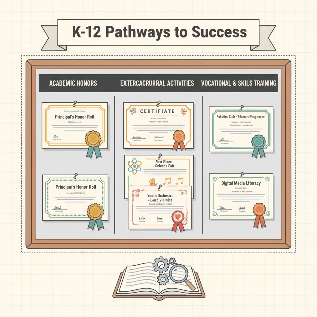 A display board shows a variety of K12 education certificates, including academic honor certificates, extracurricular activity certificates, and vocational training certificates. Display of different K12 education certificates highlighting their significance in terms of employment value and industry recognition