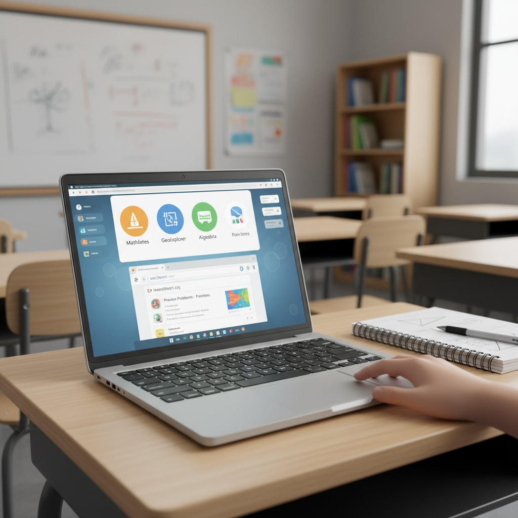 A student is sitting at a desk in a classroom, using a Chromebook to access digital learning materials. The screen shows various educational apps and websites related to math learning. A student using a Chromebook for digital math learning in a classroom