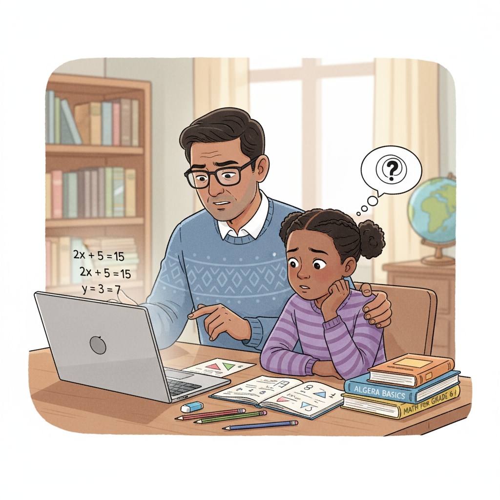 A parent and a child are sitting at a table. The parent is looking at the Chromebook screen, trying to figure out how to help the child with a math problem. The child is looking a bit confused. A parent attempting to provide math tutoring using a Chromebook
