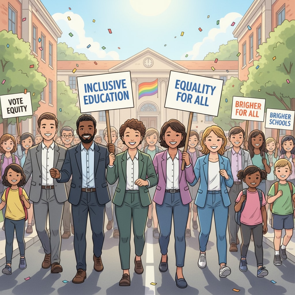LGBTQ+ candidates are walking along a street, holding signs that say 'Inclusive Education' and 'Equality for All'. They are smiling and interacting with passers-by, spreading their message about inclusive education in school board elections. LGBTQ+ candidates campaigning for school board elections to promote inclusivity against conservative education policies related to Moms for Liberty