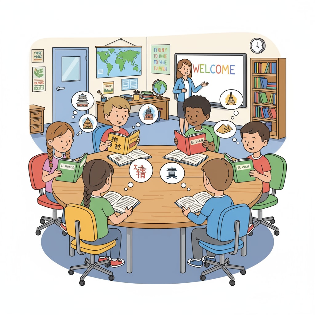 A group of K12 students sitting around a table, reading books in different languages. This visualizes the idea of students engaging in multilingual learning. K12 students engaged in language learning, demonstrating polyglot - building strategies.