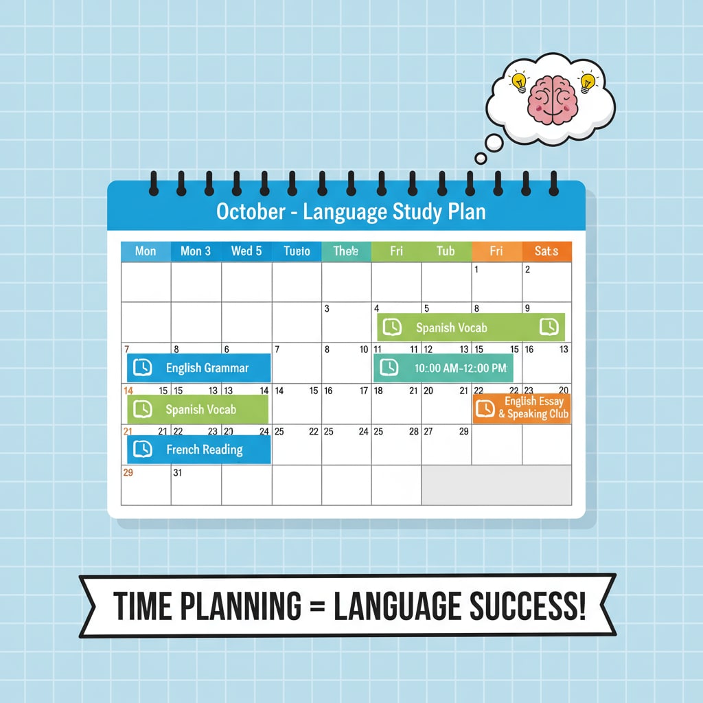 A calendar with marked language study time slots for K12 students, highlighting the importance of time planning in language learning. Calendar showing time allocation for K12 language learning, related to language learning strategies.