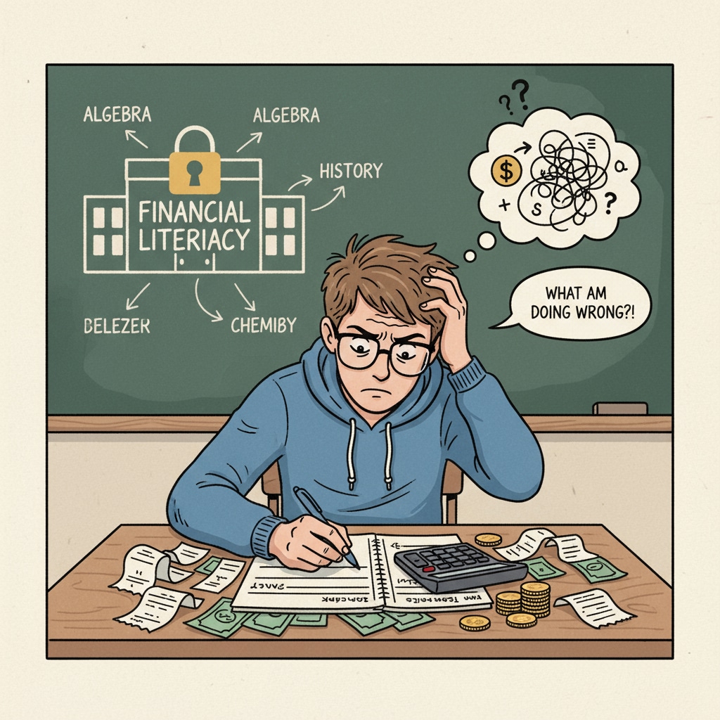 A student looking confused while trying to balance a checkbook, representing the lack of practical financial skills learned in school A student's struggle with financial management due to lack of school education