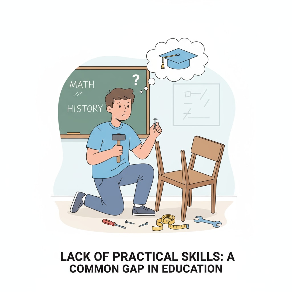 A young adult struggling to fix a broken chair, showing the lack of home repair skills from school education Lack of home repair skills in school education