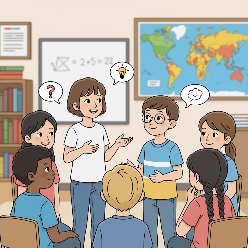 A group of K12 students engaged in a friendly conversation, showing active listening and positive interaction. K12 students practicing communication skills through friendly dialogue and active listening.