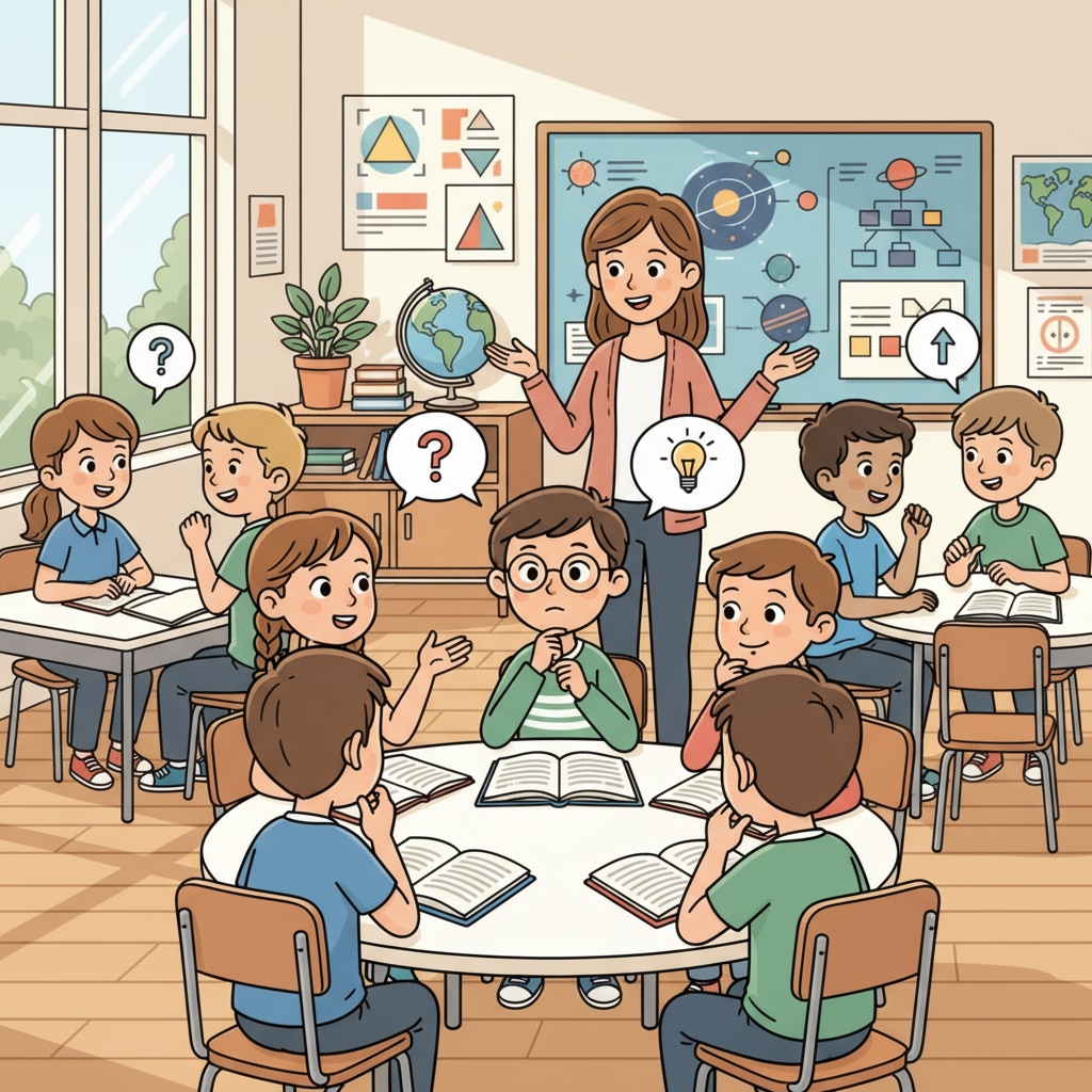 A classroom scene where students are engaged in a discussion, showing different expressions of understanding. Classroom discussion scene demonstrating students' communication skills and active listening.