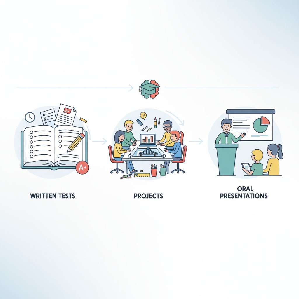 Visual representation of different assessment methods used in professional schools related to pedagogy, curriculum goals, and assessment methods