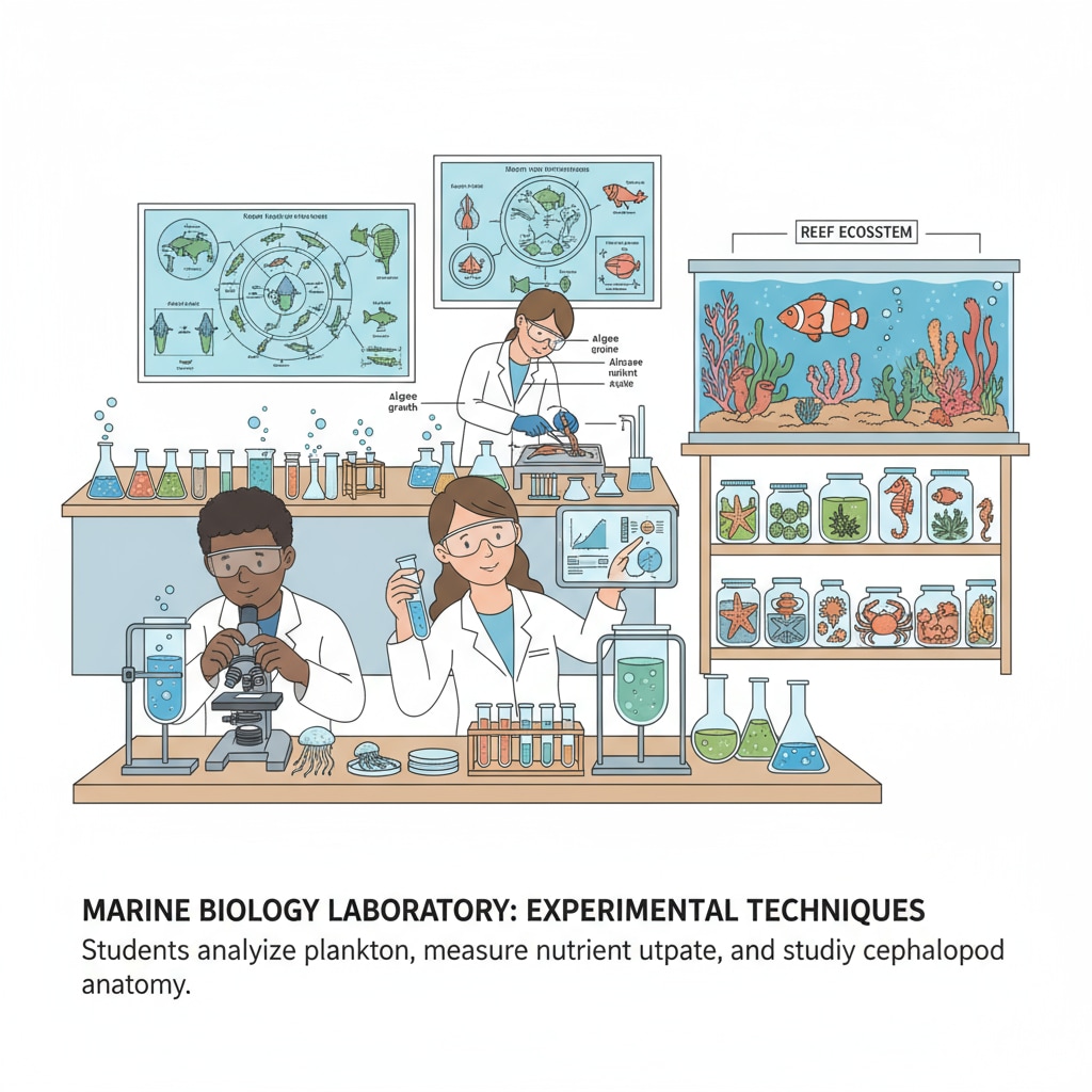 Students in a marine biology laboratory, conducting experiments on marine specimens Non-science students in a marine biology lab, using prior knowledge to conduct experiments