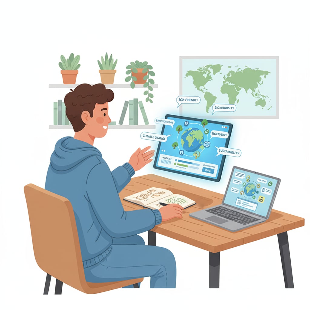 Student studying environmental science concepts using an online platform Non-science student studying environmental science, leveraging online resources to gain prior knowledge